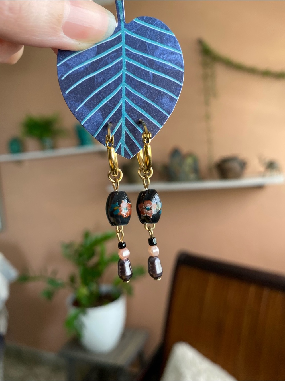 SS Gold Hoop Dangle Earrings with Black Floral Beads